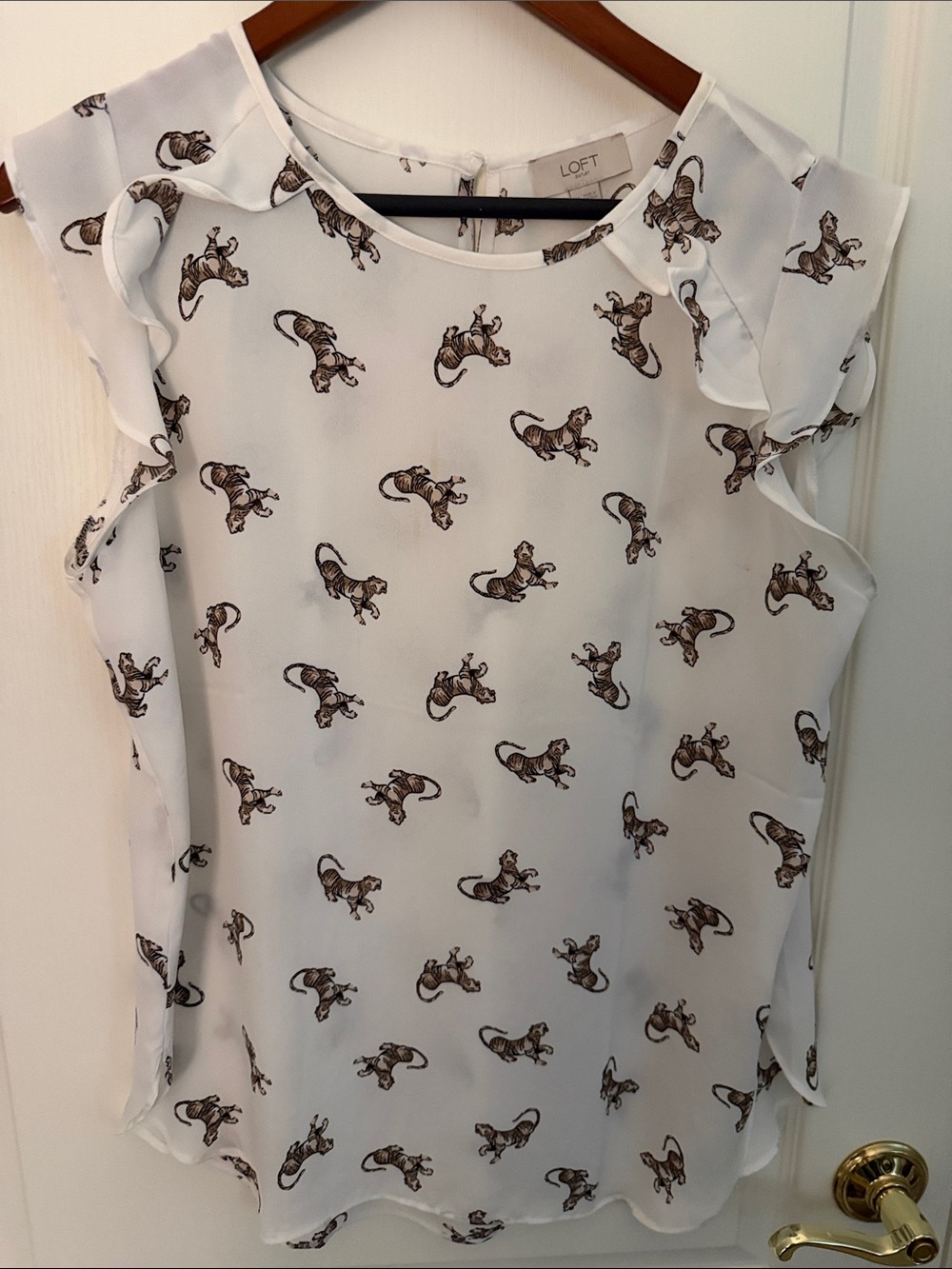LOFT White Ruffle Sleeve Blouse with Brown Tiger Print